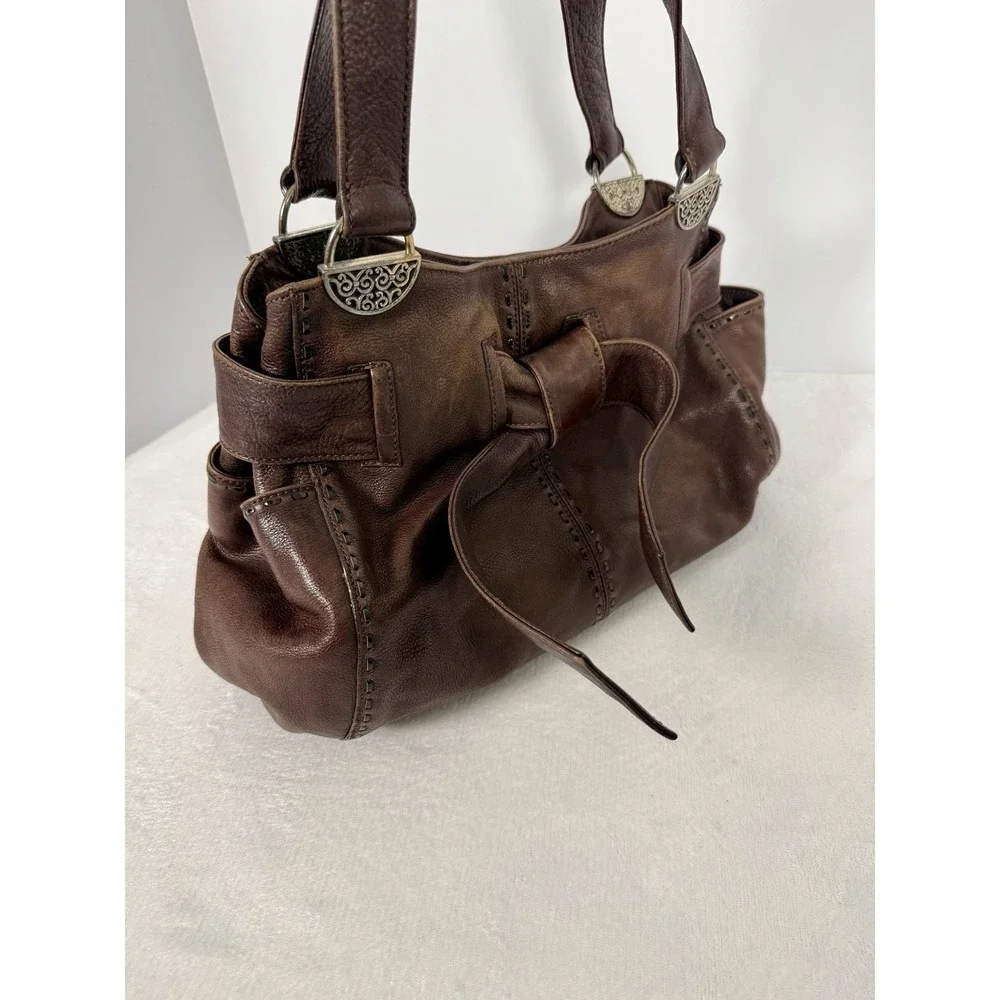 BRIGHTON Cleo Bow Brown Leather Shoulder Bag Studded Stitch Detail